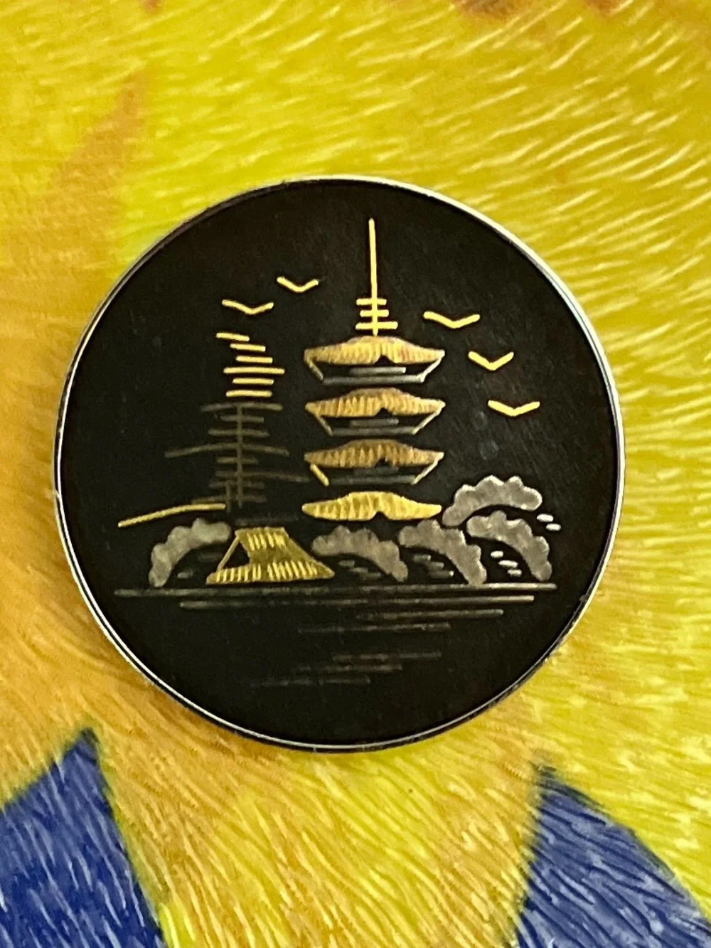 Amita Sterling Damascene Brooch Pin  Pagoda Birds River Black Silver